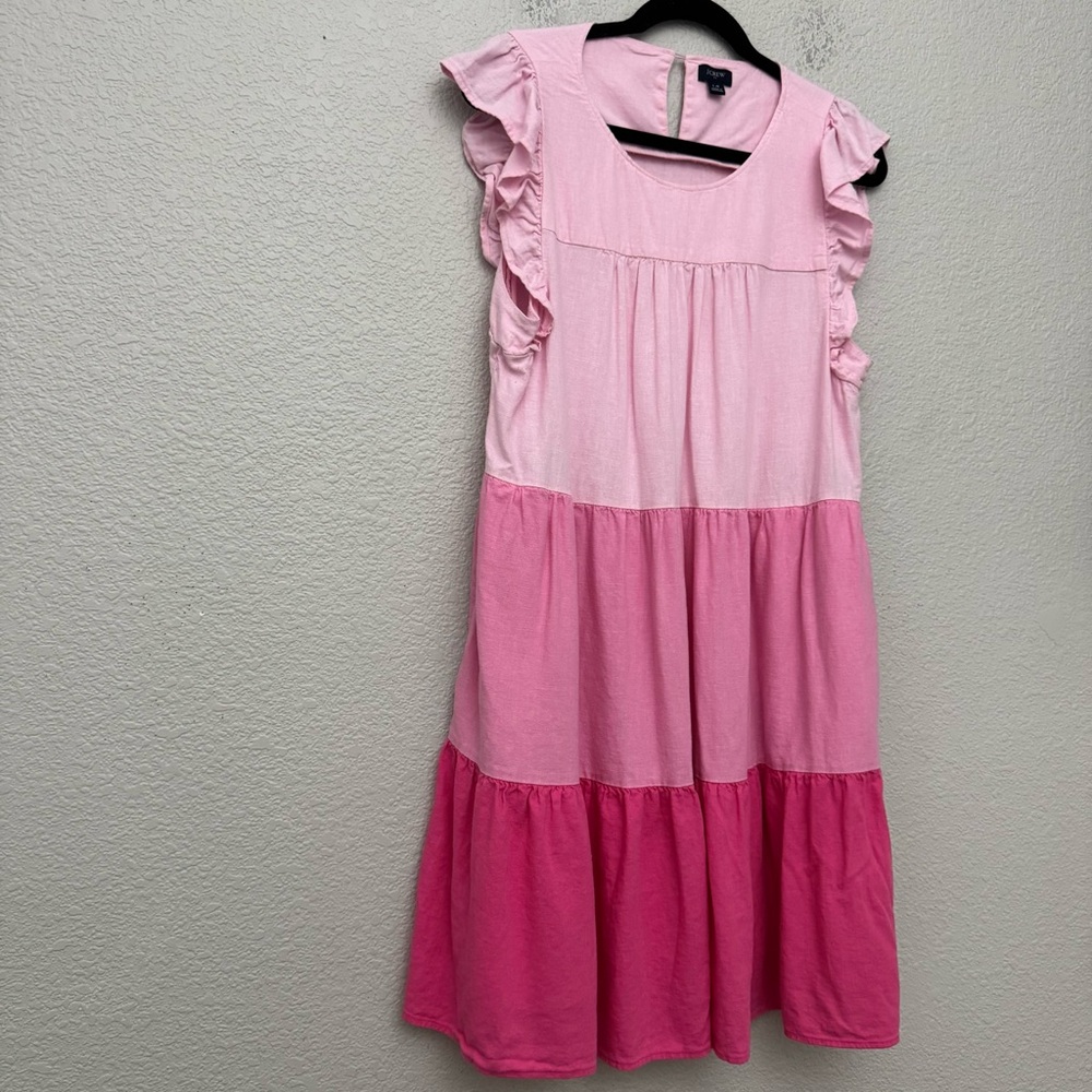 J. Crew Factory Pink Linen Blend Colorblock Ombre Ruffle Sleeve Dress Size 14 - Picture 6 of 15
